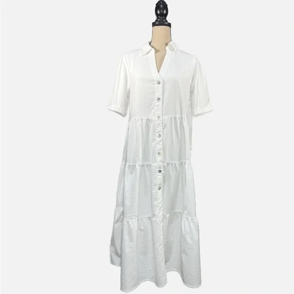 Boho Vibes White Button down Ruffle Short Sleeve Dress - Picture 2 of 7